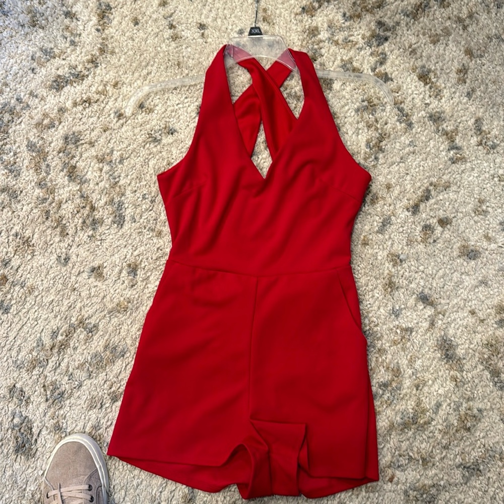 Crystal sky size S red shorts romper with pockets.